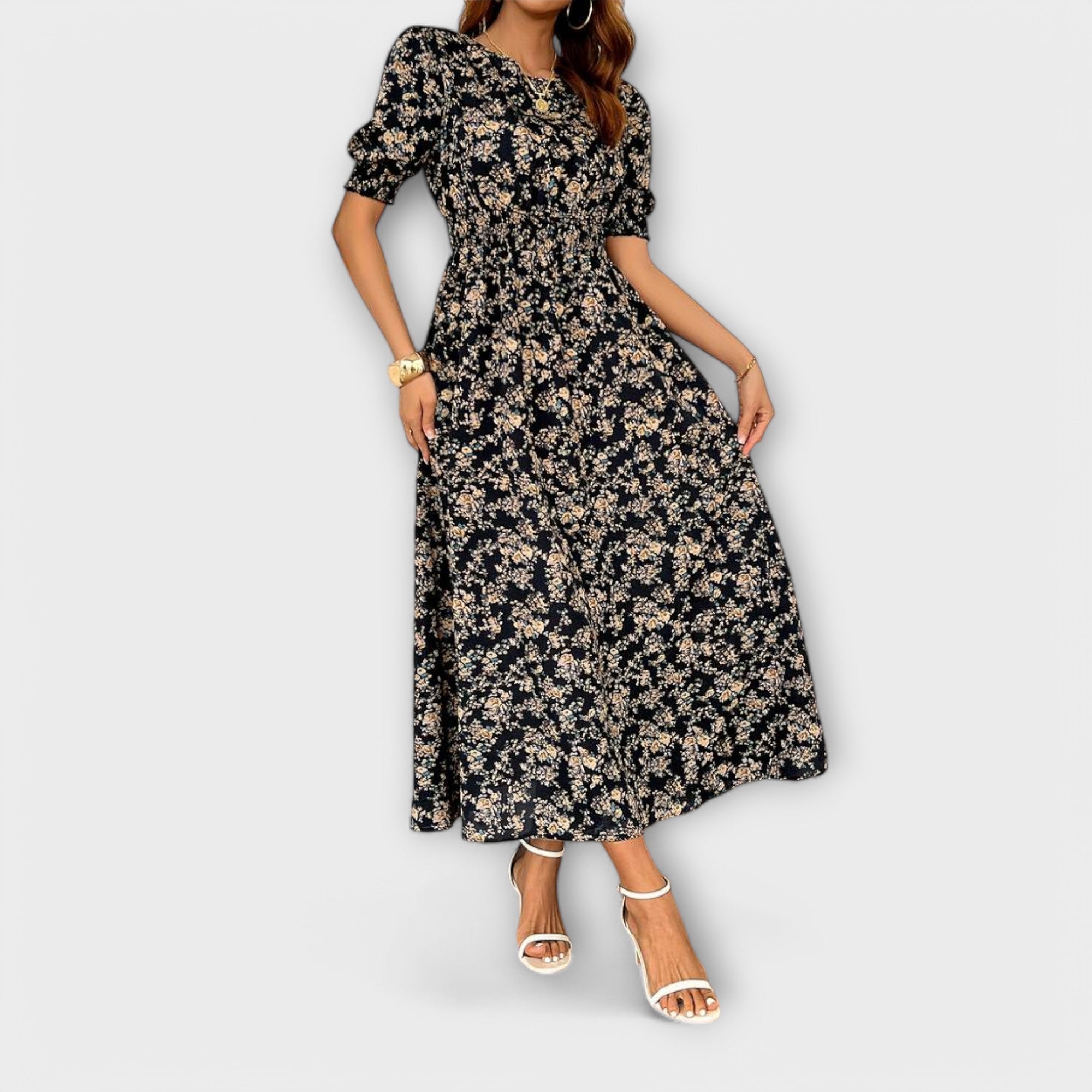 Amelia – Dress with Round Neckline and Floral Pattern