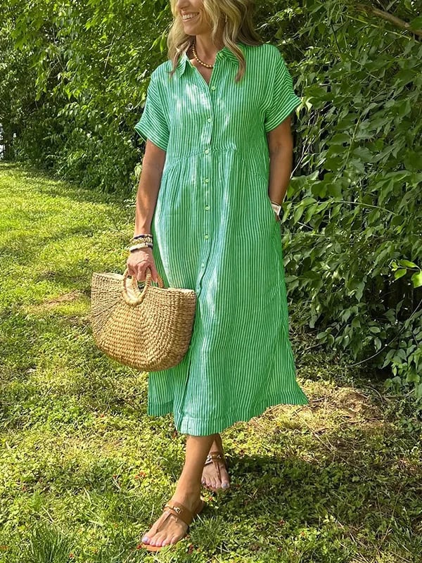 Meredith™ | Striped Button-Up Midi Dress