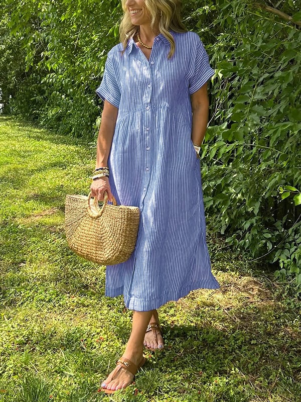 Meredith™ | Striped Button-Up Midi Dress