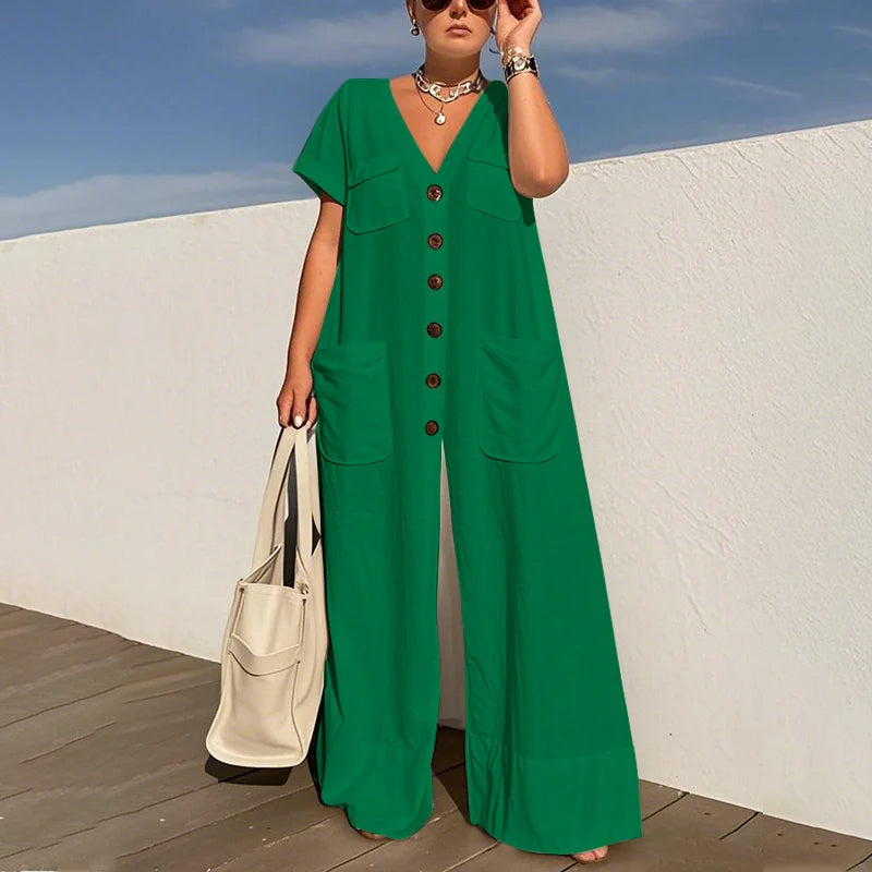 Serelina™ | Button-Front Wide-Leg Jumpsuit